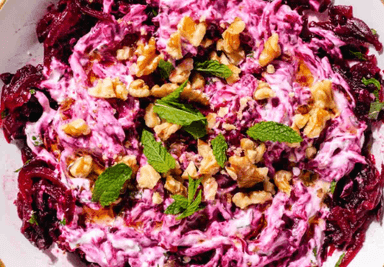 Beets, Carrots and Celery Root Salad with Sour Cream, Peanuts and Sesame